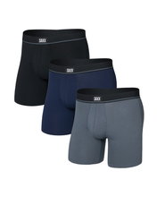 SAXX Boxershorts Essential Cotton Boxer Brief Fly schwarz/dunkelblau/grau Herren - 3 Stück